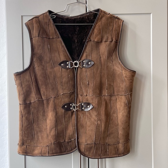 Vintage Handmade Suede Real Fur Lined Buckle Front Vest Vintage Stitched Brown - Picture 1 of 12